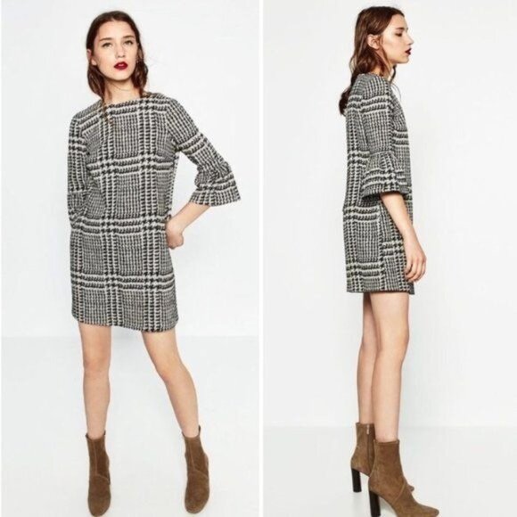 Zara Black & White Medium Textured Houndstooth Dress Bell Sleeve - Picture 1 of 16